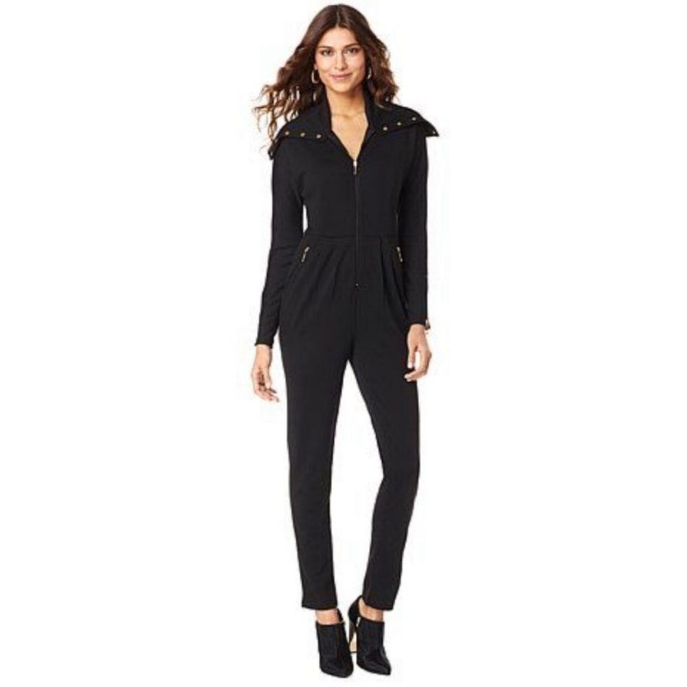 Vicky Tiel Black Jumpsuit Zip Up Pleats and Gold Snap Buttons and Gold Zipper 8